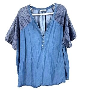 Retrology‎ Chambray Floral Lace Sleeve Tunic Top Women's 3X Boho V-Neck Western